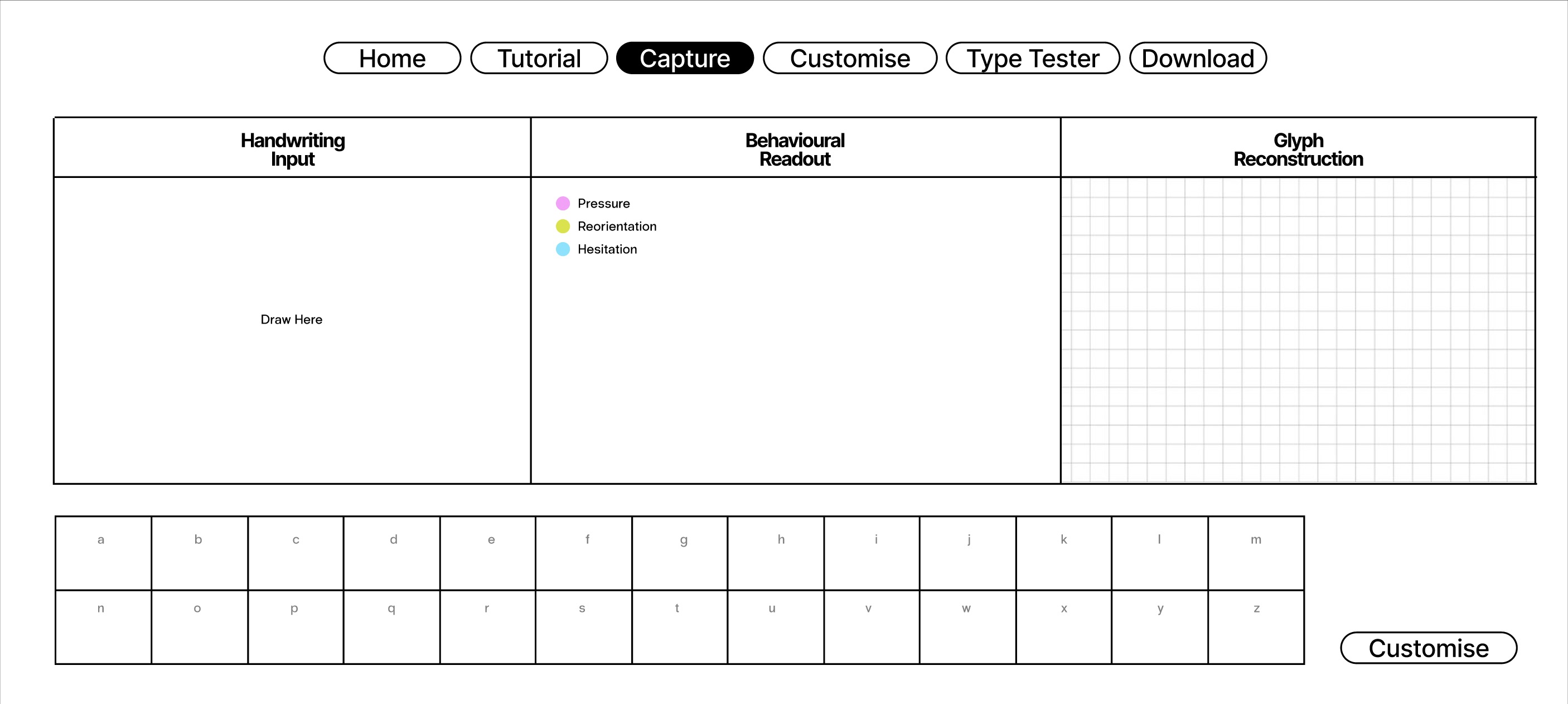 Mid-fidelity wireframe of handwriting capture page