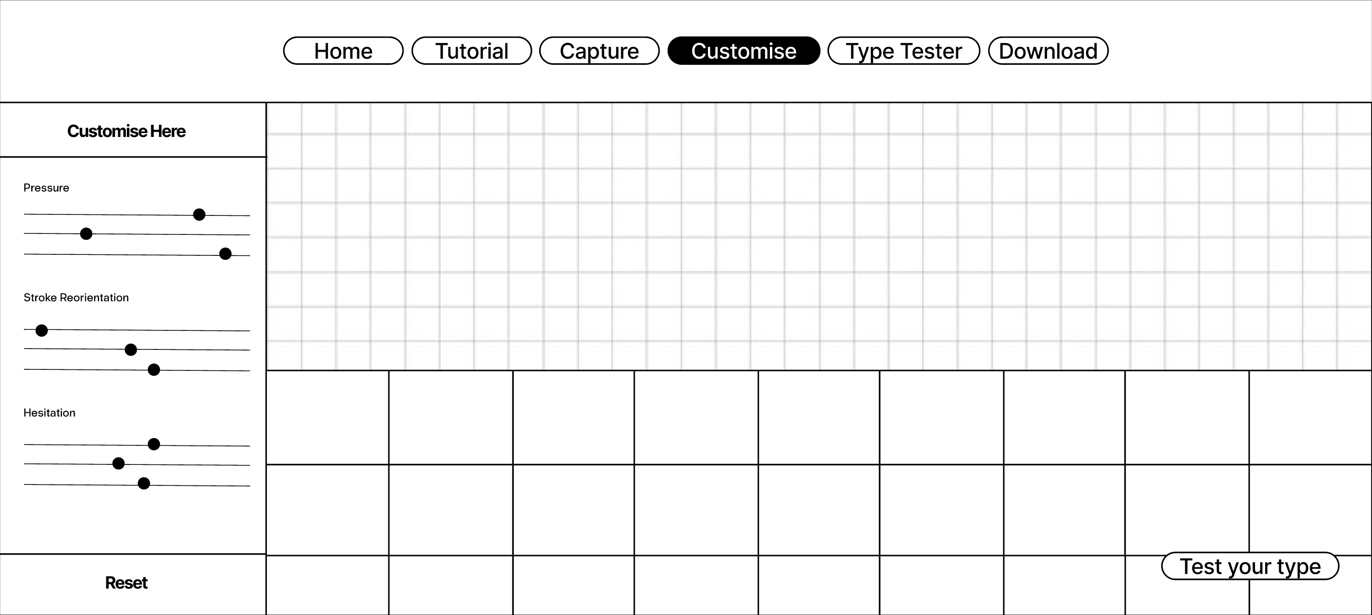 Mid-fidelity wireframe of customise glyphs page