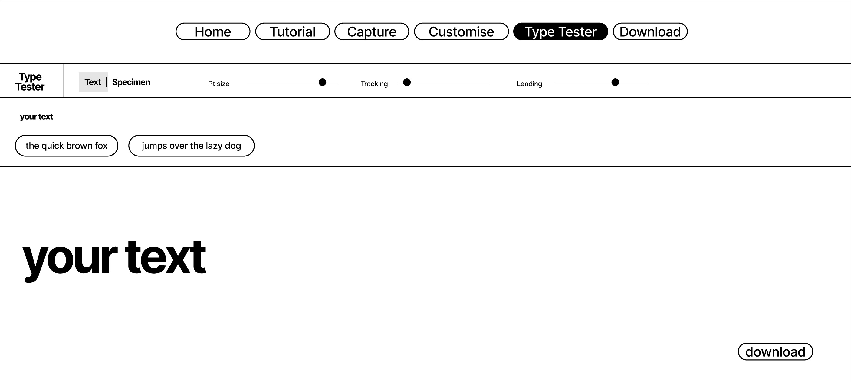 Type tester text mode wireframe