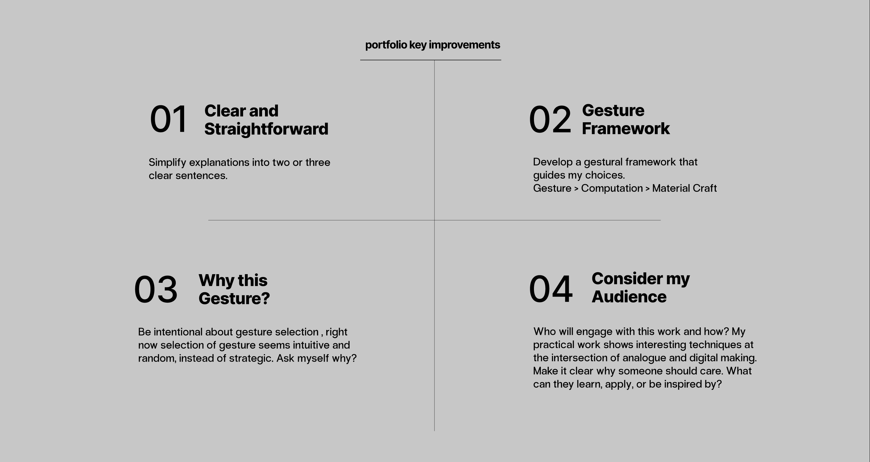 Portfolio feedback summarising the analogue gesture, computational translation, and analogue craft exploration workflow