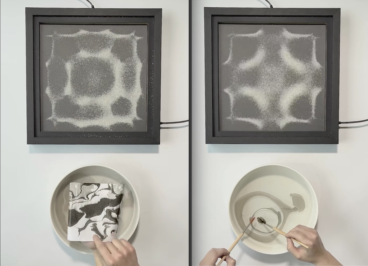 Reference artwork image showing gesture to data to material output (ink brush, sensor, sound, sand patterns)
