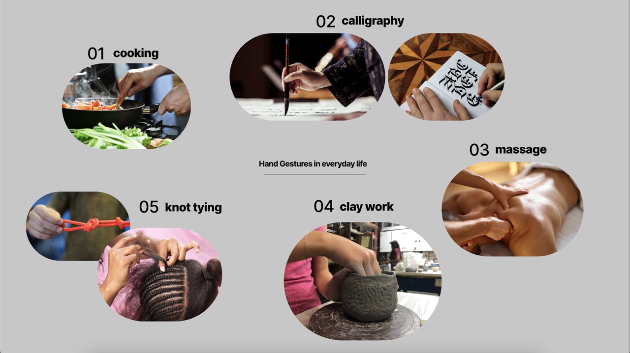 Collage or photo set of everyday skilled gestures (calligraphy, kneading dough, painting, instrument practice)