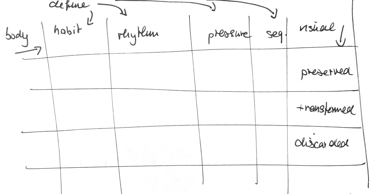 Exploratory mapping grid: gesture parameters mapped against preserve, transform, discard strategies