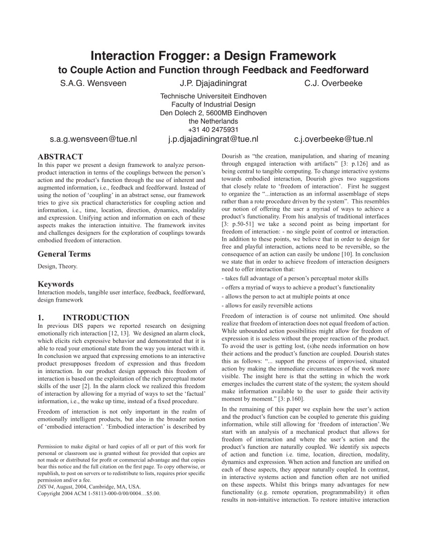 Diagram or cover for Wensveen and Djajadiningrat's Interaction Frogger