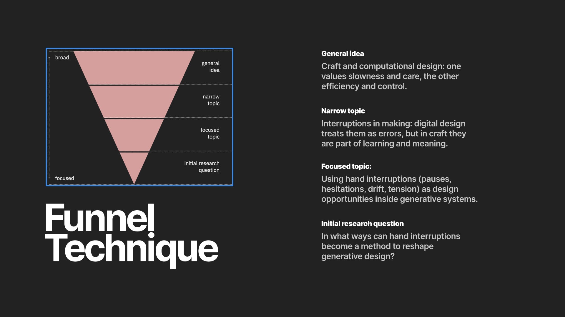 Funnel diagram mapping from broad themes to a focused question