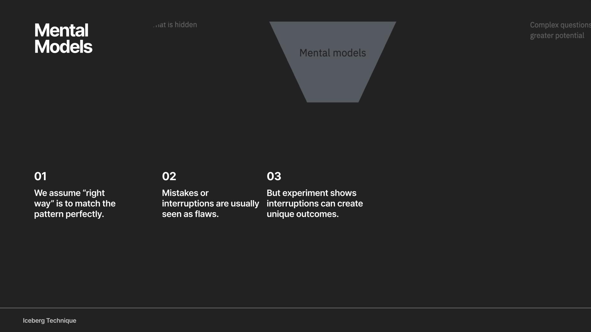 Iceberg sketch highlighting underlying assumptions about neat systems